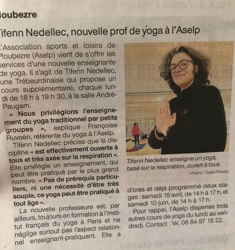 Ouest-France : Tifenn Nedellec nouvelle prof de yoga à l'ASELP de Ploubezre